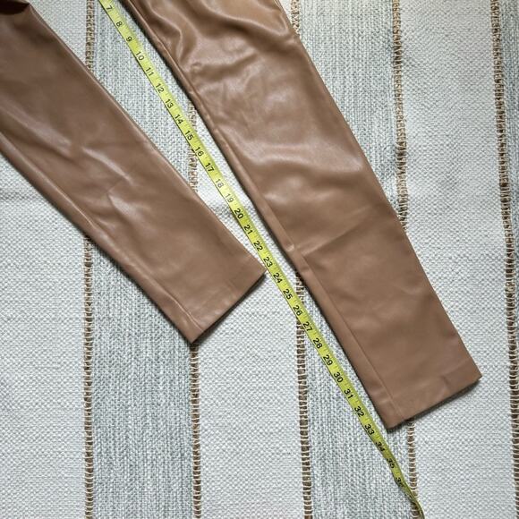 Zara Beige Camel Tan Faux Leather Slim Leg High Rise Pant Hem Slit Women’s Small - Picture 6 of 12